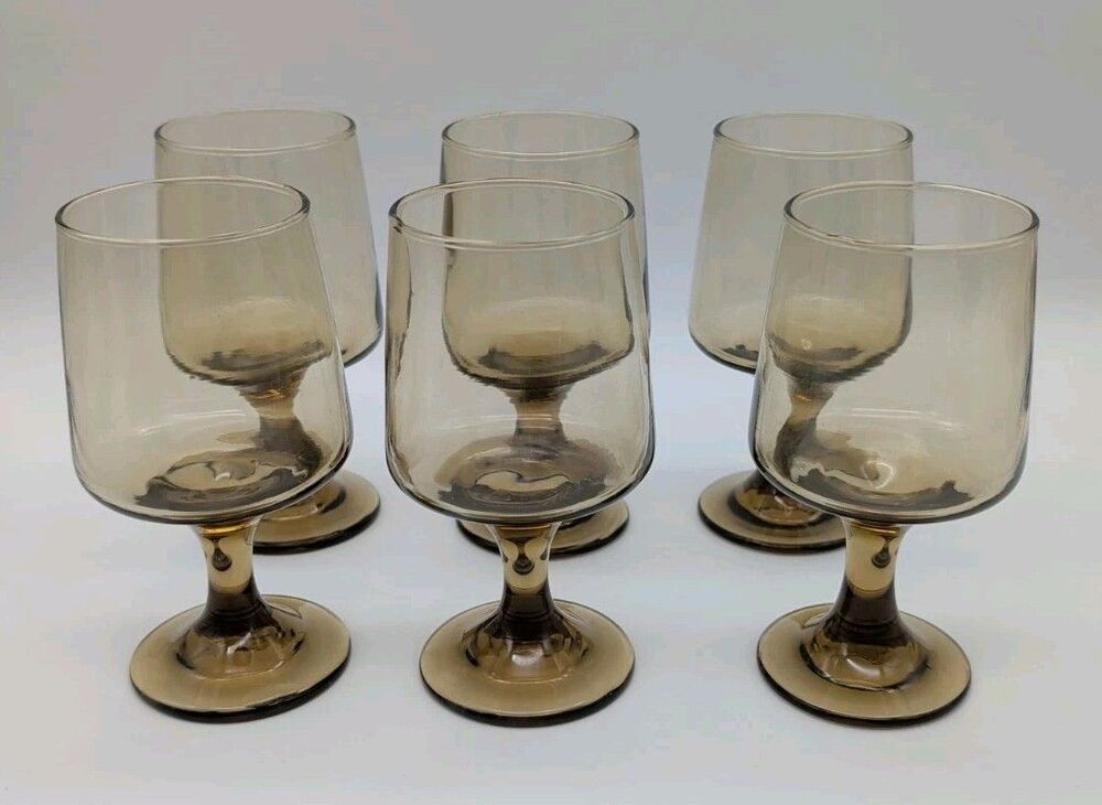6 Libbey Tawny Accent Wine Glass Set Vintage Smoke Brown Retro Bar Stemware Lot